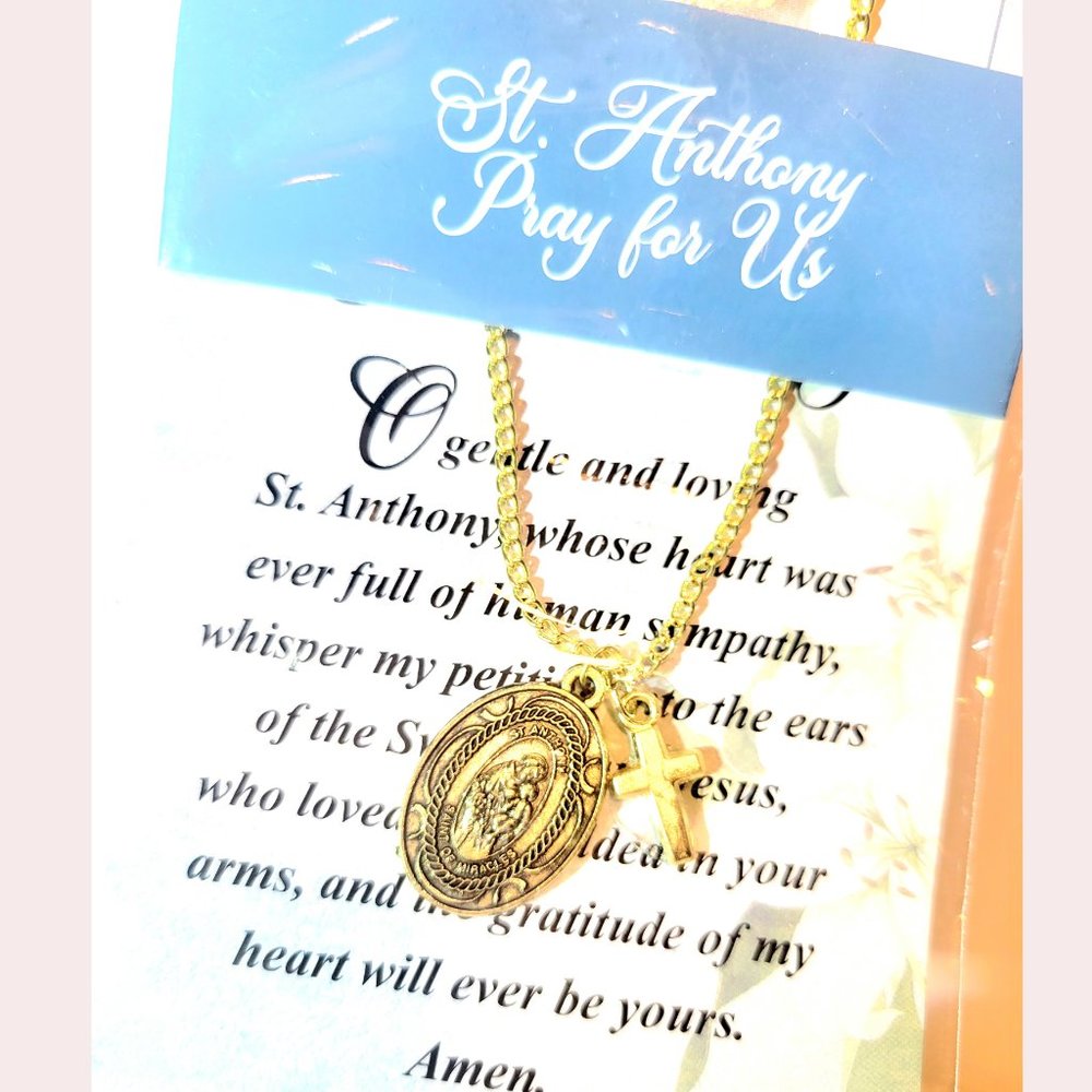 ✝Vintage 90's Saint Anthony with Mini Gold Cross Religious Cross Unisex Necklace